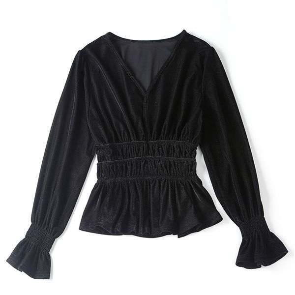 

black khaki velour velvet v neck full sleeve solid high street long korean fall b0224 210514, White