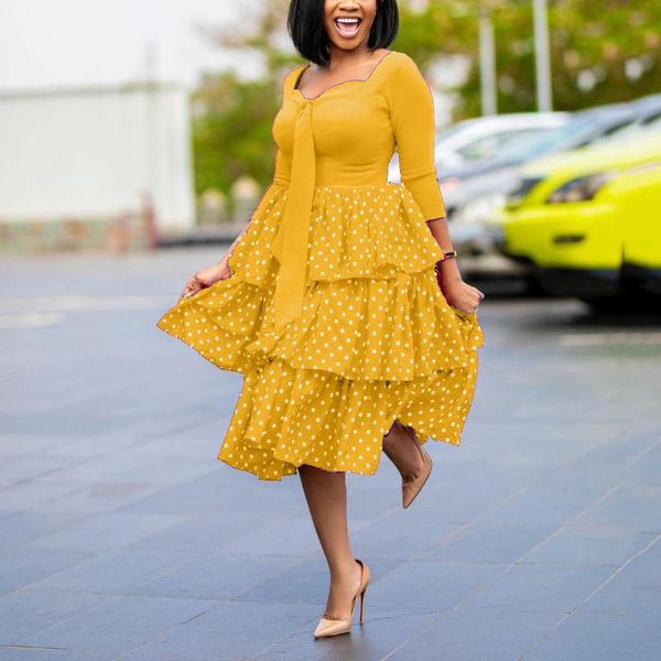 

casual dresses yellow polka dot maxi dress for women ruffles a line high waist african elegant mid calf business work office midi 2021 ol, Black;gray