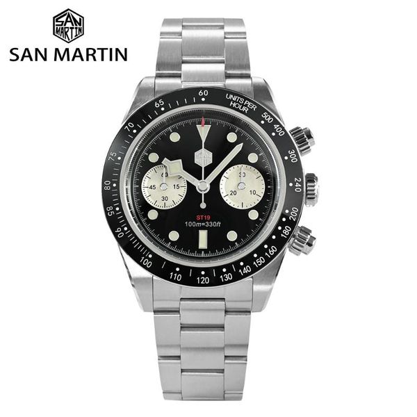 

wristwatches san martin panda eyes chronograph mens watches seagull st1901 movement steel strap military mechanical watch sapphire glass10at, Slivery;brown