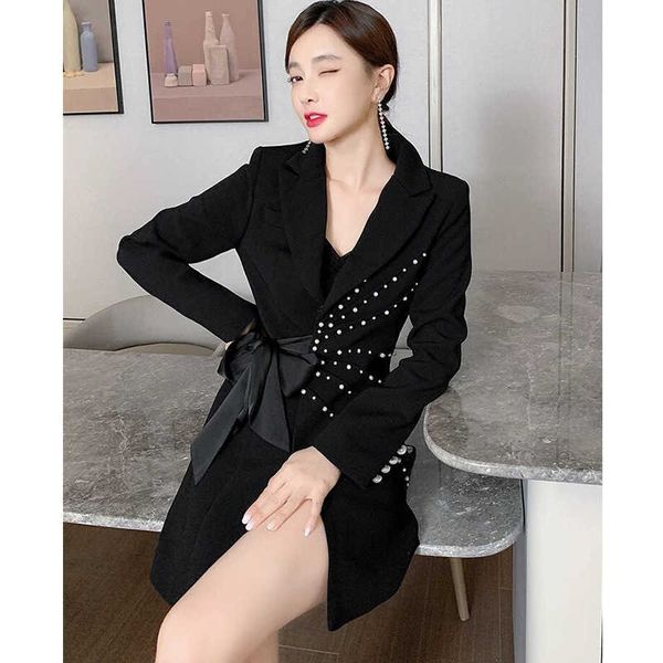 

luxury party evening dress autumn 2021 french suit with beaded black thin temperament small bow tie suit, White;pink