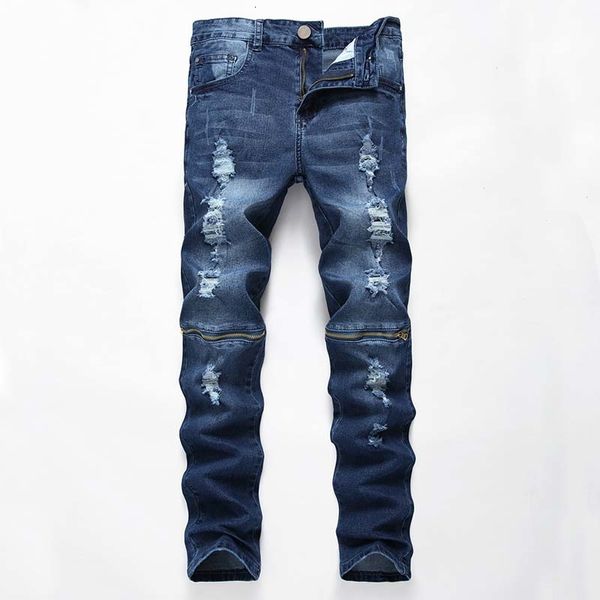 

men's jeans men casual jeans slim denim pants knee holes pants ripped distressed scratched middle zipper washed bleached high qual, Blue