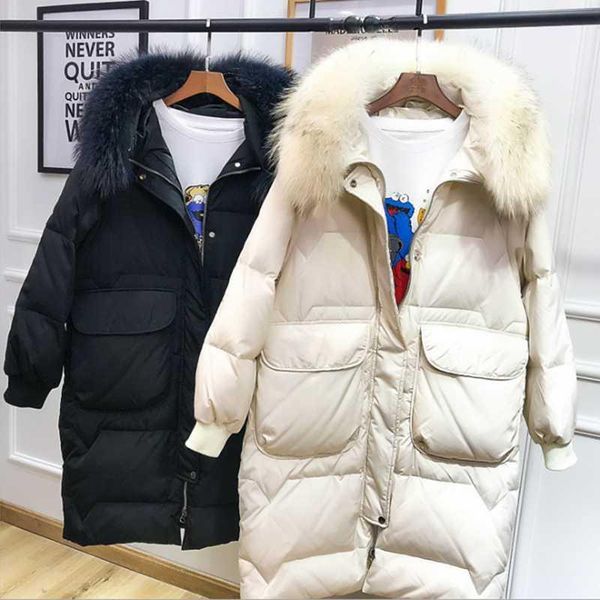 

women's down & parkas 2021 style korean version light jacket thickened long women coat loose raccoon fur collar winter lady clothes, Black