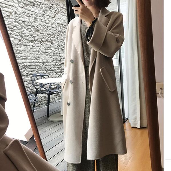 

women's wool & blends winter elegant blend women fashion long coats woolen overcoat camel oversize outwear, Black