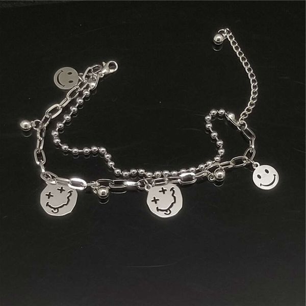 

hand catenary double layer chain in cool wind smile face korean titanium steel not fade bracelet men's and women's friend's h, Black