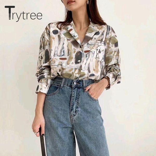 

women's blouses & shirts trytree spring summer women blouse geometric fashion oil painted v-neck casual full sleeve polyester chic shir, White