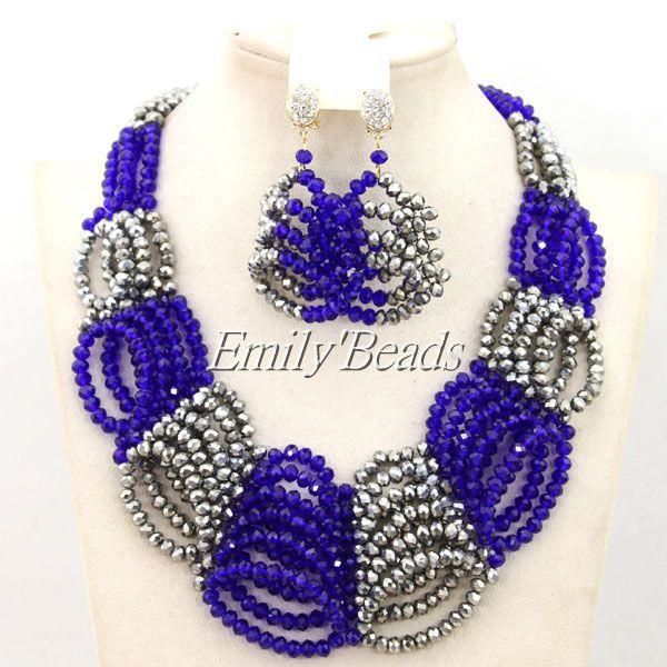 

earrings & necklace fashionable crystal beads jewelry set royal blue costume african nigerian wedding amj509, Silver