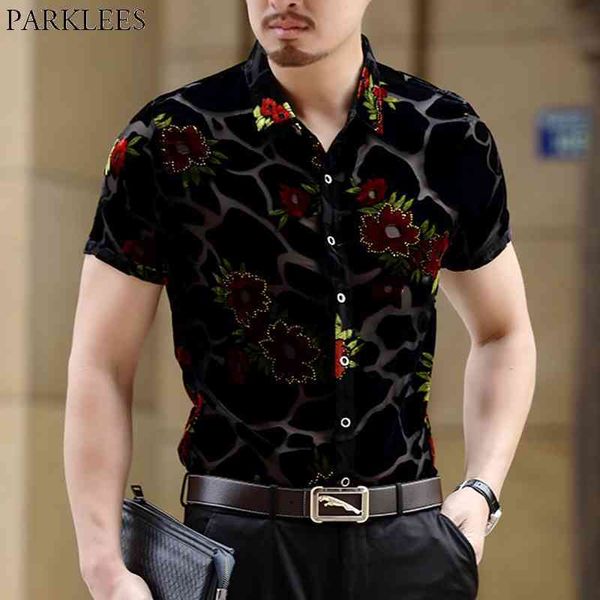 Мужская роскошная цветочная вышивка клубная одежда платья рубашки с коротким рукавом прозрачный леопард клуб вечеринка сексуальная социальная рубашка для мужчин 3xL 210522