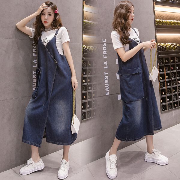 

dresses korean version large pocket loose fat mm denim suspender skirt women's mid length dress commuting summer, Black;gray