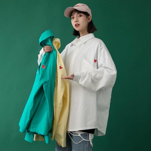 

women's blouses & shirts heart embroidery for women 2021 spring couple neutral color clothes korean fashion trend ladies long sleeve bl, White