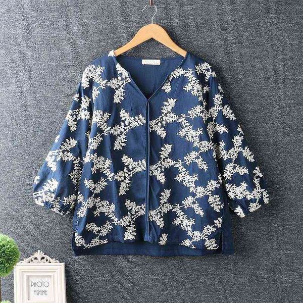 

blouses & shirts style women v-neck embroidered cotton linen three quarter sleeve loose shirt women's spring summer, White