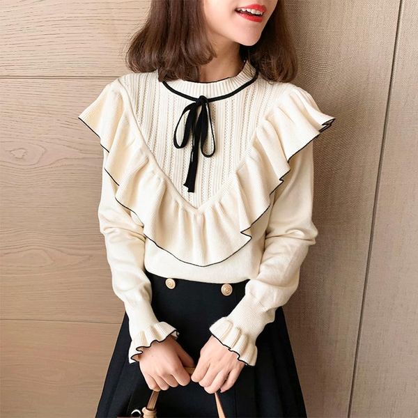

for women's wear style of autumn / winter 2021 bow hollowed out long sleeve bottoming shirt with big edge sweaters, White;black