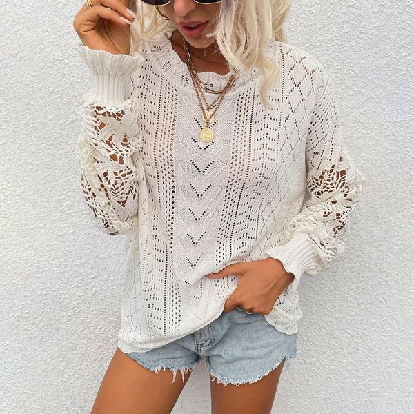 

women's sweaters hollowed-out lace lantern sleeve sweater knitted 2021 autumn winter blouse female high neck loose pullovers streetwear, White;black