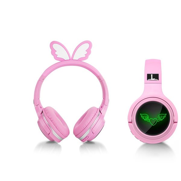 Asas de anjo bonitos Kids Bluetooth Fones de ouvido sem fio Fones de ouvido Bluetooth diodo emissor de diodo emissor de diodo emissor de diodo emissor de diodo emissor de luz de fones de ouvido Suporte para cartão de cartão SD para o presente de crianças