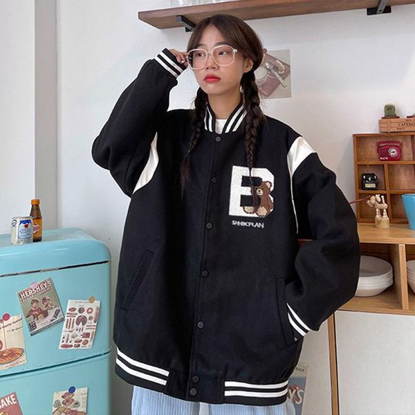 

women's jackets goth woolen american baseball uniform jacket female autumn 2021 korean version loose bf embroidery bear college coat to, Black;brown