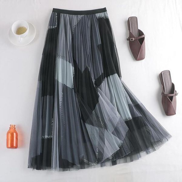

skirts spell color mesh for woman fashion lining korean vintage beautiful midi pleated tulle skirt femme jupe w95, Black