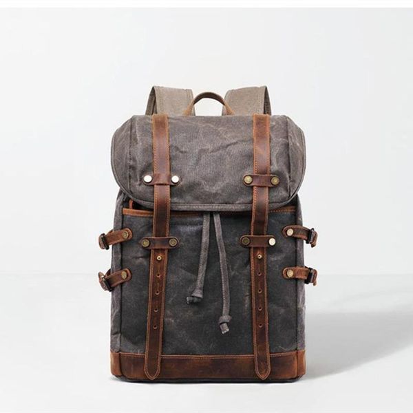 

backpack vintage style men's oil wax canvas leather belts large capacity hiking bags multi-function travel backpacks