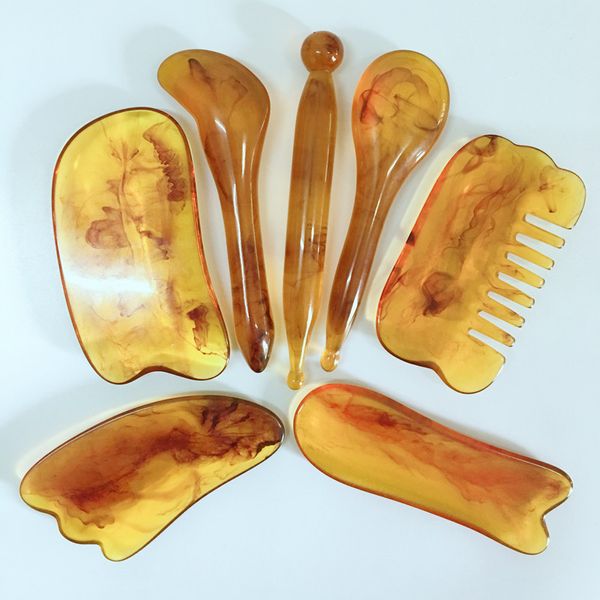 Gua Sha Массаж Камни камни Rocks Mody Wax Amber Meridian Массаж здоровья Массаж Acupoint и Tendon Traving Красота Планшет для красоты 7-Piece Набор Подарочная Доска Скау