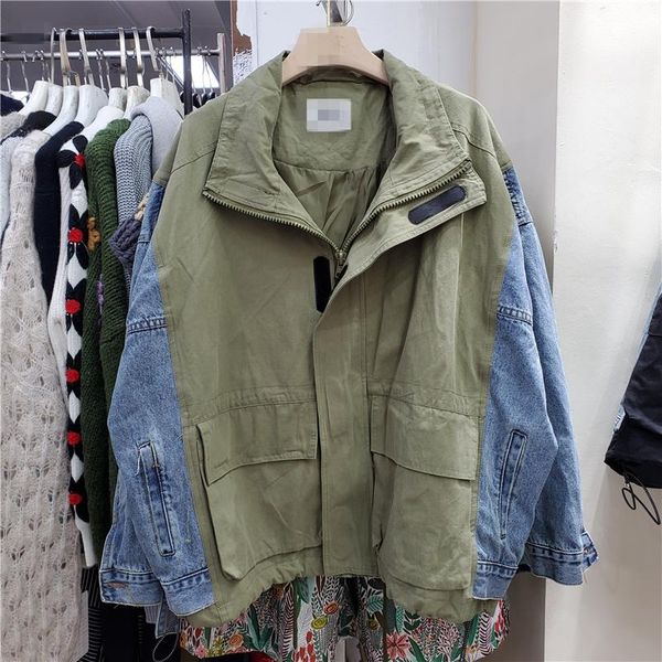 

women's jackets seebeautiful spliced denim loose jacket coat lapel long sleeve zipper contrast color women autumn 2021 fashion tide g49, Black;brown