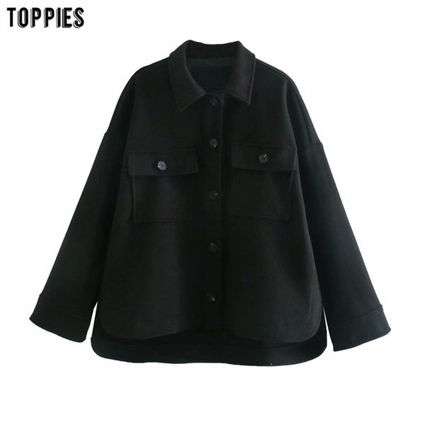 

woman black woolen shirt jacket single breasted coat loose oversize outwear streetwear 210421, White