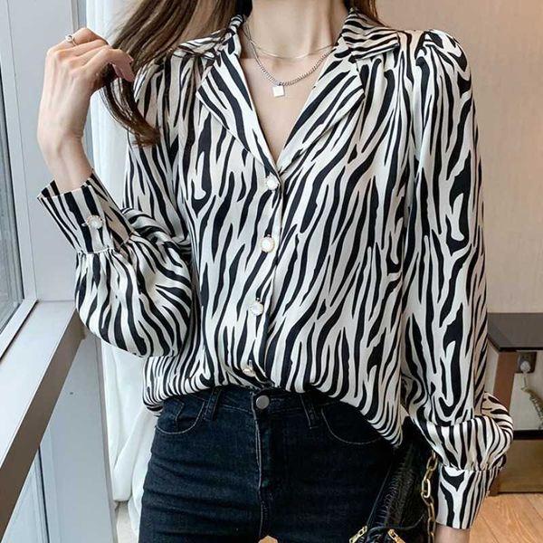 Blusa coreana mulheres chiffon blusas listrado camisas manga longa mais tamanho mulher v neck zebra impressão 210604