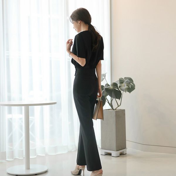 

women's two piece pants summer women formal 2 pant suit fashion short sleeve ol blouse + slim work calf length set office ladi, White