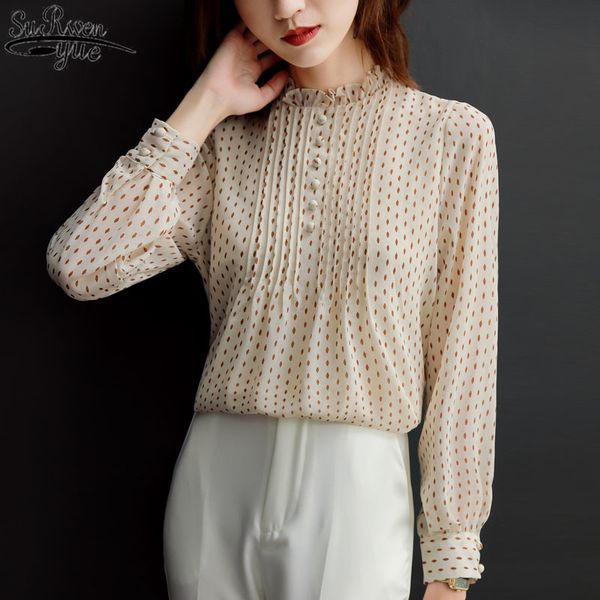 

plus size 4xl long sleeve women's shirts chiffon blouse polka dot fashion women blouses loose office lady feminine 11859 210417, White