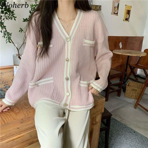 

women's knits & tees woherb autumn chic cardigan women v neck sweater coat korean fashion loose all-match casual cardigans pull femme f, White