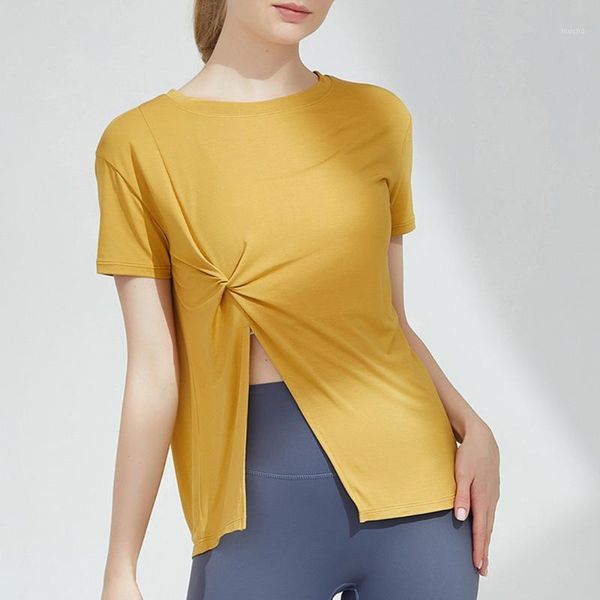 

yoga outfit summer women gym side open fork sport shirt thin modal running short sleeve fitness crop loose sportswear