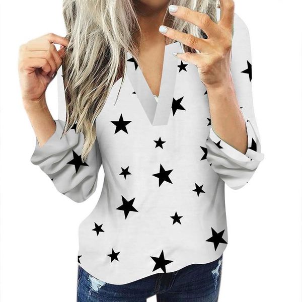 

women's v-neck long sleeve blouse plus size 5xl star print office lady female and blouses 2021 autumn shirts #t1g &, White