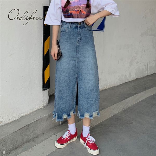 

summer women denim split casual high waist ripped jeans skirt 210415, Black