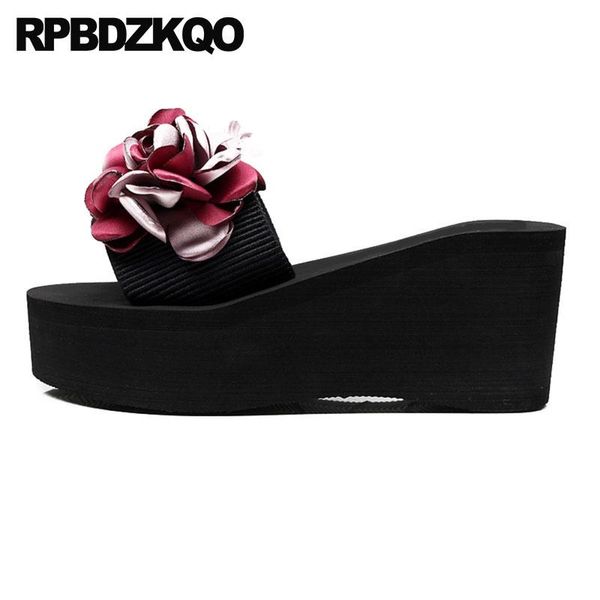 

slippers summer shoes slides fashion most products wedge platform designer high heel cute rubber women flower sandals, Black