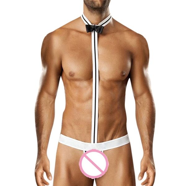

male underwear thong bow tie set male comfortable body suit erotic waiter costume 2 colors lingerie briefs thong, Black;white