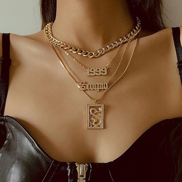 

pendant necklaces multilayer vintage chunky chain choker necklace for women girls rock letter hollow dragon hip hop jewelry 2021, Silver