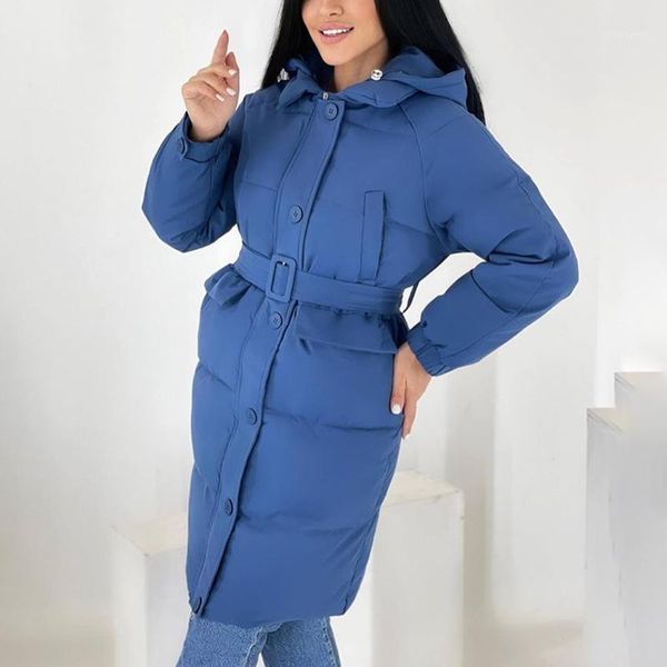 

women's down & parkas floy fashion winter casual hooded women elegant solid tie belt waist coats straight long cotton jackets ladies, Black