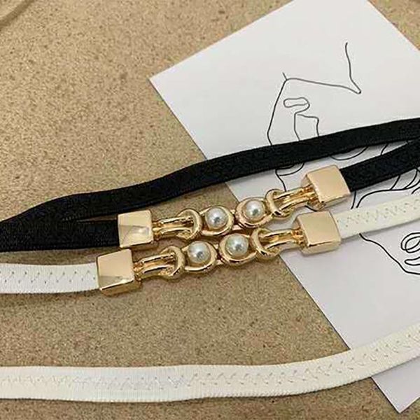 

women belts pu leather 1pcs thin ladies waistband elastic double pearl belt dress skirt waist fashion accessories, Black;brown