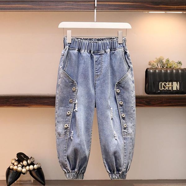 

women's jeans women denim pants summer elastic high waist cropped woman trouser mujer hole feminina harem pant fashion, Blue