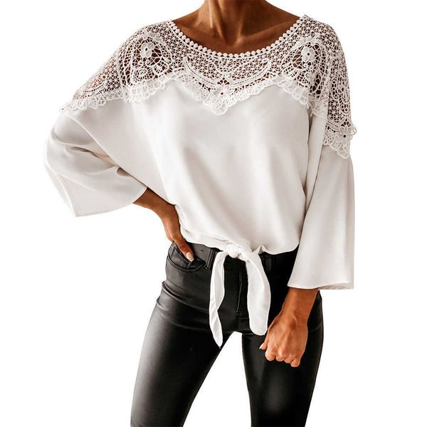 

women's t-shirt fashion solid color t-shirts women summer hollow out lace splicing bow decor see through o-neck three quarter sleeve lo, White