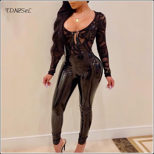

women's jumpsuits & rompers women lace pu patent leather skinny jumpsuit low cut up long sleeve see through black pvc leggings bodysuit, Black;white