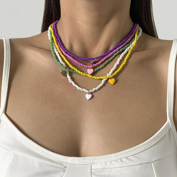 

chains simple jewelry for women with drop nectarine heart rice beads handmade geometric stacking beaded necklace, Silver