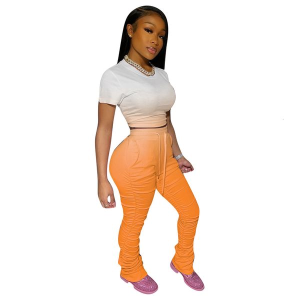

test summer women's casual o-neck short sleeve draped gradient ramp printed two-piece set fitness workout sport outfits, Gray