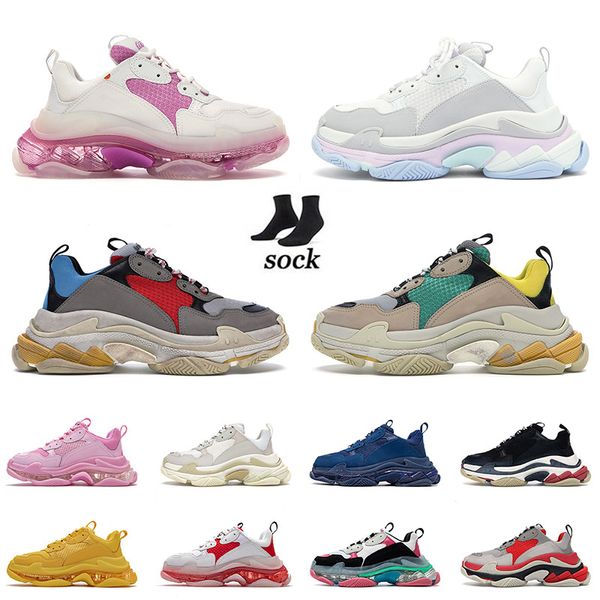 Triple S Designer Shoes Mulheres Mens Plataforma Casual Casual Tênis Clear Sole 17FW Paris Branco preto Rosa Triplos Triplos com Meias Treinadores Esportivos ao ar livre