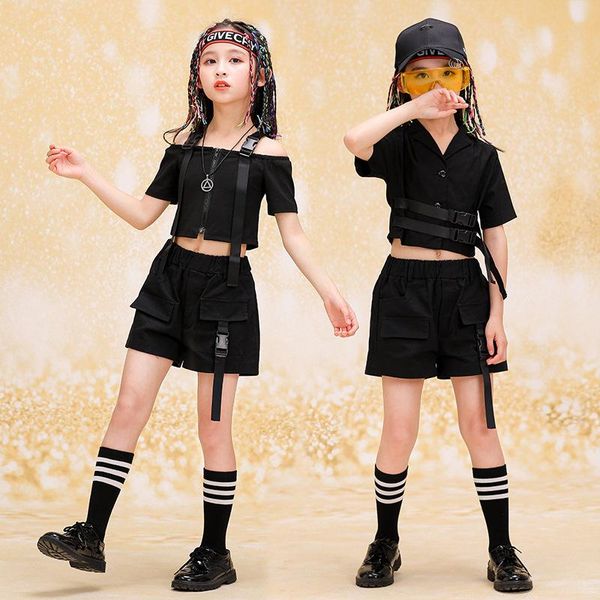 

stage wear kid black hip hop clothing v-neck crop off shoulder t-shirt streeewear tactical cargo shorts for girls dance costume, Black;red