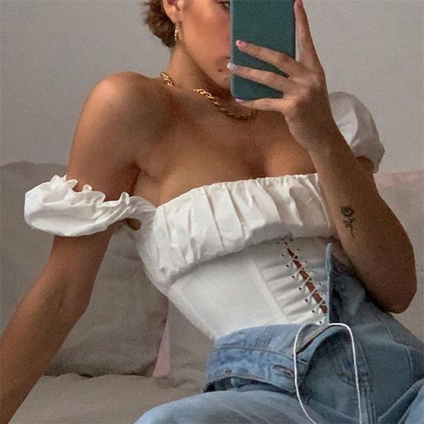 

women's blouses & shirts off shoulder fashion lace up blouse women white crop clothes vintage tie front