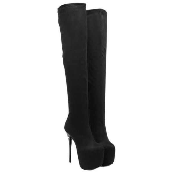 

boots women platform pointed toe over the knee nightclub modern ladies girls thin heels thigh high long boot shoes, Black
