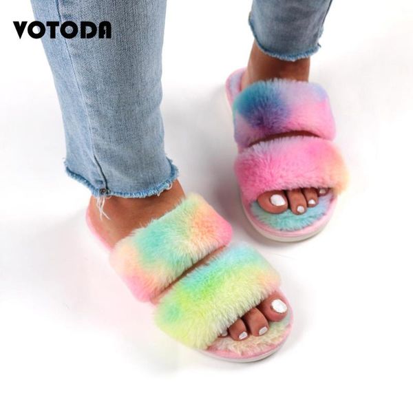 

winter furry slippers women warm flat non-slip flip flops fluffy faux fur slides fashion cute rainbow sandals ladies shoes, Black