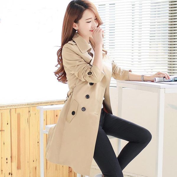 

women's trench coats 2021 style high-end double-breasted coat autumn and winter clothes slim thin mid-length x005, Tan;black