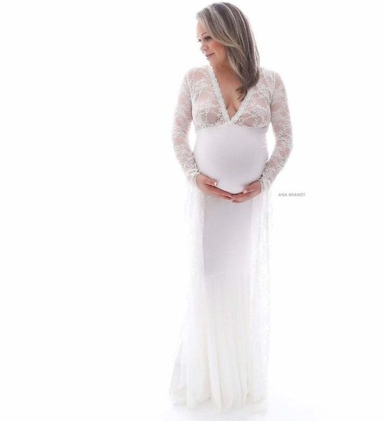 

maternity dresses long lace deep v pregnancy dress pography props maxi gown for po shoot pregnant women clothes, White