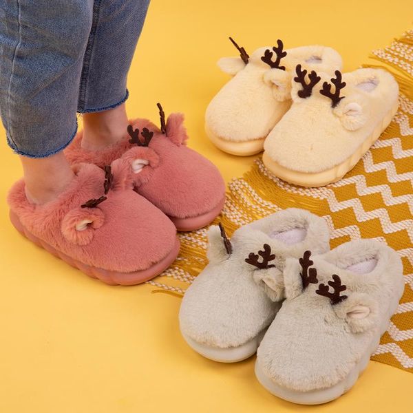 

slippers winter indoor couples warm soft christmas lamb cotton cute cartoon women men plush non-slip flat home shoes, Black