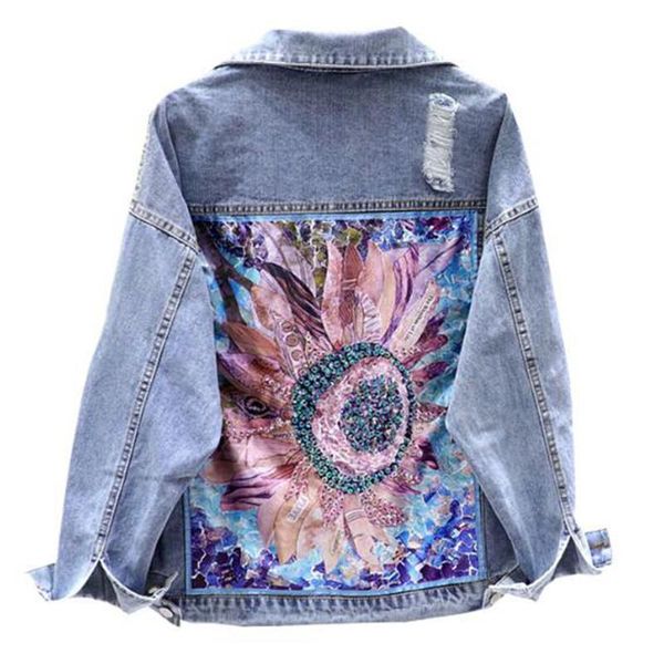 

women's jackets plus size denim jacket women spring autumn loose korean-style personality heavy industry ripped bf jeans coat student, Black;brown