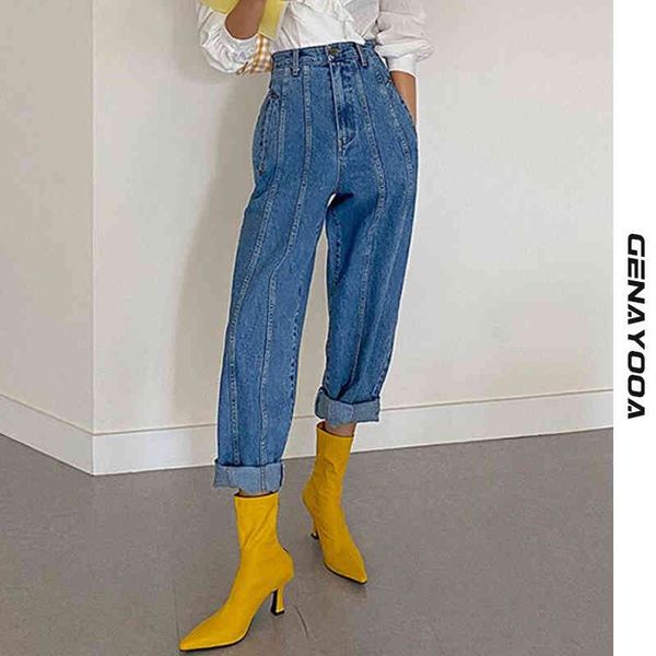 

genayooa streetwear harem pants korean style high waist woman blue female boyfriend jeans for women autumn spring 210417